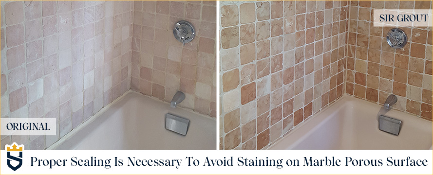 Picture of a Tumbled Marble Shower Before and After a Honing and Polishing Job Showing that Proper sealing is necessary to avoid staining on marble porous surface