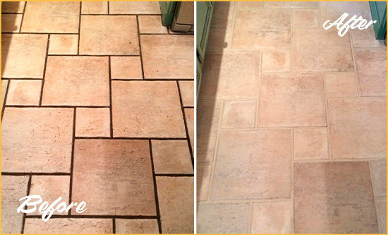 Sir Grout Hones and Polishes this Dull Travertine Floor to a High Gloss Before and After Picture of a Dull Travertine Floor Honed and Polished to a High Gloss