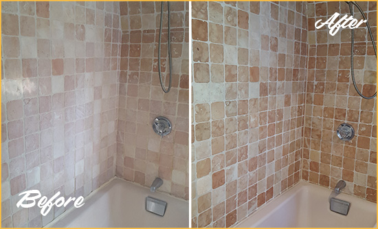 Sir Grout Hones and Polishes these Travertine Tub Walls to Remove Soap Scum Before and After Picture of a Travertine Bath Tub Honed and Polished to Remove Soap Scum