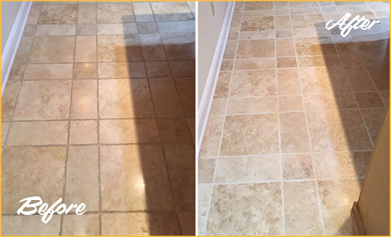 Sir Grout Hones and Polishes this Kitchen's Tumbled Travertine Floor to Recover Its Sheen Before and After Picture of Dirty Kitchen Tumbled Travertine Floor Honed and Polished to Recover its Sheen