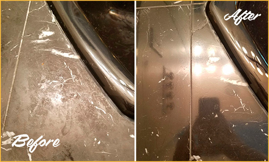 Sir Grout Cleans and Seals this Marble Tub to Remove Scratches Before and After Picture of a Heavily Scratched Marble Tub Cleaned and Sealed