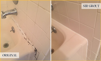 Sir Grout Caulked This Sink to Reapir Damaged Caulk Before and After Picture of a Professional Caulking Service on a Sink with Damaged Caulk