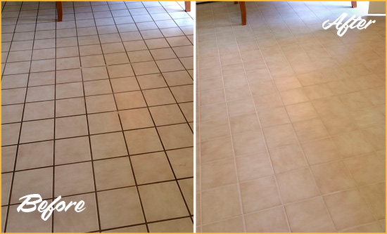 Before and After Picture of a Bethania Kitchen Tile and Grout Cleaned to Remove Embedded Dirt