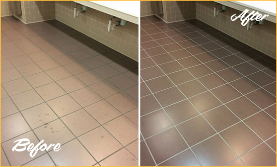 Before and After Picture of a Bethania Restrooms Tile and Grout Cleaned to Remove Embedded Dirt