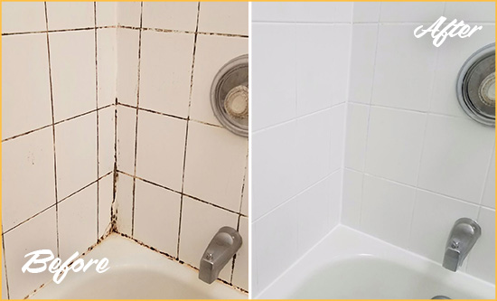 Sir Grout Cleans this Bethania Shower Tile and Grout to Eliminate Mold Before and After Picture of a Bethania Shower Tile and Grout Cleaned to Eliminate Mold