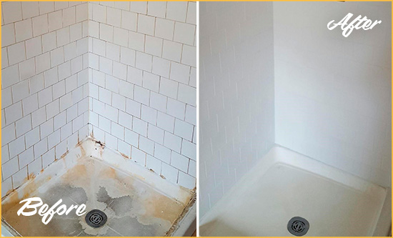 Sir Grout Cleans this Bethania Shower Tile and Grout to Remove Soap Scum Before and After Picture of a Bethania Shower Tile and Grout Cleaned to Remove Soap Scum