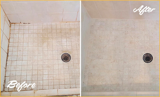 Before and After Picture of a Lewisville Shower Caulked to Fix Cracks