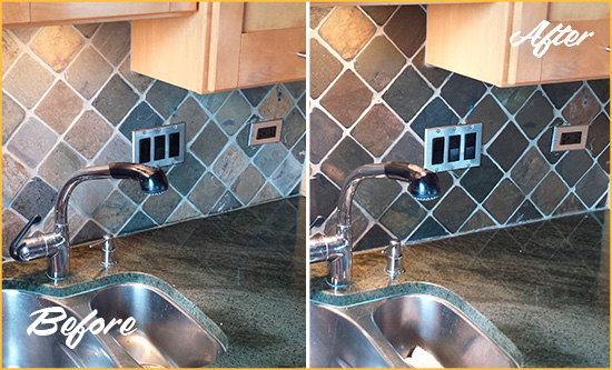 Sir Grout Caulks this Lewisville Backsplash Caulked to Fix and Prevent Water Leaks Before and After Picture of a Lewisville Backsplash Caulked to Fix and Prevent Water Leaks