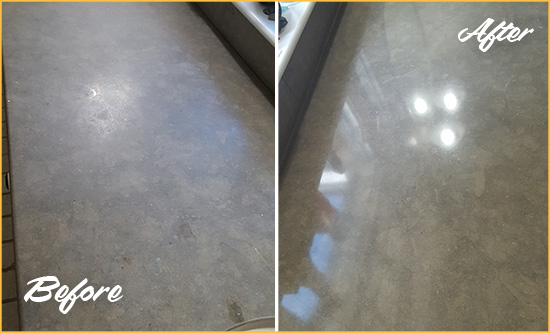Before and After Picture of a Dull Harmony Limestone Countertop Polished to Recover Its Color