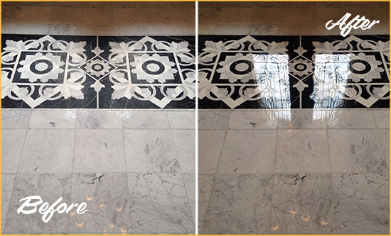 Before and After Picture of a Harmony Marble Stone Floor Polished to a Mirror Shine