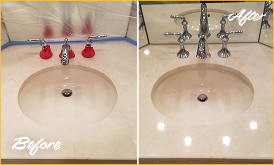 Before and After Picture of a Dull Harmony Marble Stone Vanity Top Polished to Bring-Back Its Sheen