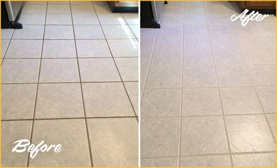 Before and After Picture of a Harmony Kitchen Ceramic Floor Sealed to Protect From Dirt and Spills