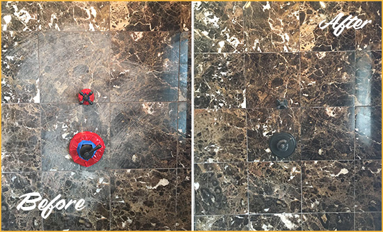 Before and After Picture of a Harmony Marble Shower Honed to Remove Scratches