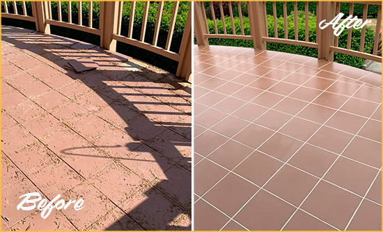Sir Grout Restored This Worn Out Harmony Tile Floor Before and After Picture of a Harmony Hard Surface Restoration Service on a Tiled Deck