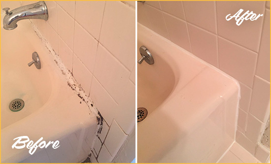 Sir Grout Restored This Harmony Tile Shower to Repair Damaged Caulking Before and After Picture of a Harmony Hard Surface Restoration Service on a Tile Shower to Repair Damaged Caulking