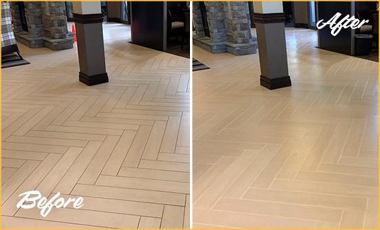 Sir Grout Restored This Harmony Office Lobby Tile Floor to Remove Embedded Dirt Before and After Picture of a Harmony Hard Surface Restoration Service on an Office Lobby Tile Floor to Remove Embedded Dirt