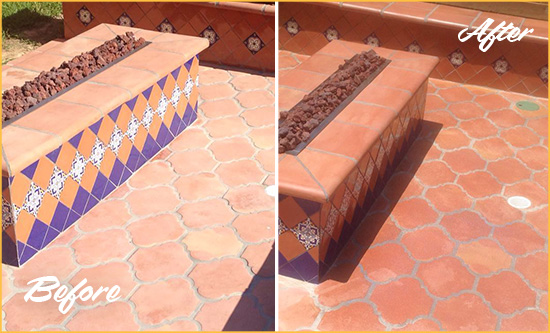 Before and After Picture of a Scotts Hard Surface Restoration Service on a Dull Terracotta Patio Floor to Recover Its Color