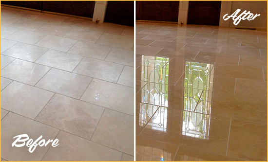 Sir Grout Restored This Harmony Dull Travertine Floor to Recover Its Splendor with a Stone Polishing Service Before and After Picture of a Harmony Hard Surface Restoration Service on a Dull Travertine Floor Polished to Recover Its Splendor
