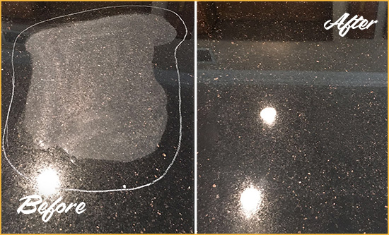 Sir Grout Restored This Harmony Granite Countertop to Remove Scratches Before and After Picture of a Harmony Hard Surface Restoration Service on a Granite Countertop to Remove Scratches
