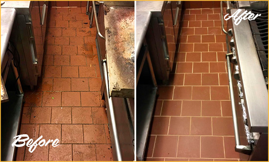 Before and After Picture of a Scotts Hard Surface Restoration Service on a Restaurant Kitchen Floor to Eliminate Soil and Grease Build-Up