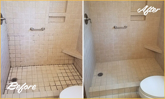 Sir Grout Cleans the Grout on this Harmony Moldy Shower Before and After Picture of a Harmony Shower Grout Cleaned to Remove Mold