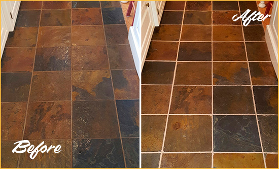 Sir Grout Cleans the Grout on this Harmony Slate Floor Before and After Picture of Harmony Slate Floor Grout Cleaned to Remove Dirt
