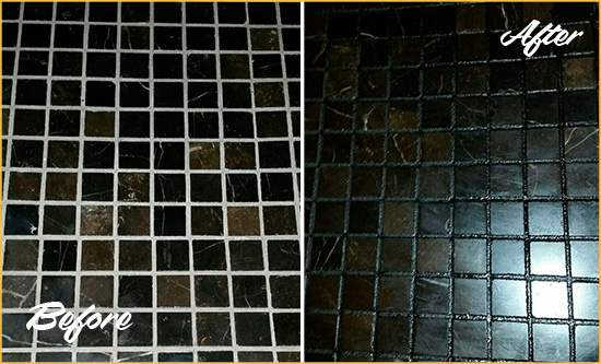 Sir Grout Recolored the Grout of this Olin Black Tile Floor Before and After Picture of a Olin Black Floor with Recolored Grout