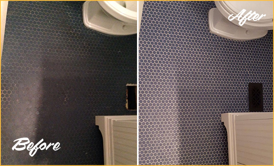 Sir Grout Recolors the Grout on this Olin Blue Tile Floor Before and After Picture of a Olin Blue Tile Floor Recolored Grout