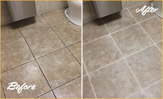 Before and After Picture of a Olin Office Restroom Floor Recolored Grout